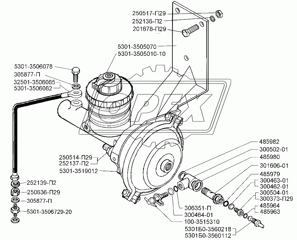 Установка однополостной пневмокамеры и главного цилиндра гидропривода на автомобиль ЗИЛ-5301